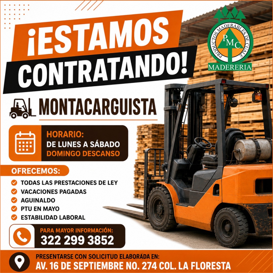 anuncio de Contratando! emadereria-almontacarguistahorario:de lunes a sabadodomingo descansoofrecemos:todas las prestaciones de leyvacaciones pagadasaguinaldoptu en mayoestabilidad laboralpara mayor informacion:322 299 38529 av. 16 septiembre no. 274 la floresta