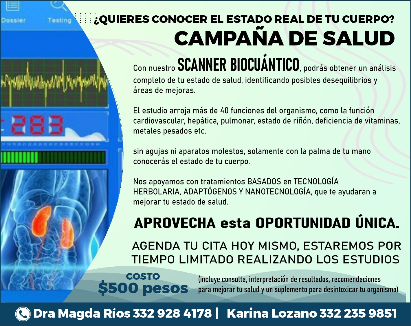 anuncio de Dossier?quieres conocer el estado real de tu cuerpo?campana de saludscanner biocuanticopodras obtener un analisiscon nuestrocompleto de tu estado de salud, identificando posibles desequilibrios yareas de mejoras.ei estudio arroja mas de 40 funciones del organismo, como la funcioncardiovascular, hepatica, pulmonar, estado de rinon, deficiencia de vitaminas,metales pesados etc.sin agujas ni aparatos molestos, solamente con la palma de tu manoconoceras el estado de tu cuerpo.nos apoyamos con tratamientos basados en tecnologiaherbolaria, adaptogenos y nanotecnologia, que te ayudaran amejorar tu estado de salud.aprovecha esta oportunidad unica.agenda tu cita hoy mismo, estaremos portiempo limitado realizando los estudioscosto(incluye consulta, interpretacion de resultados, recomendaciones-- para mejorar tu salud y un suplemento para desintoxicar tu organismo)dra magda rios 332 928 4178 | karina lozano 332 235 9851