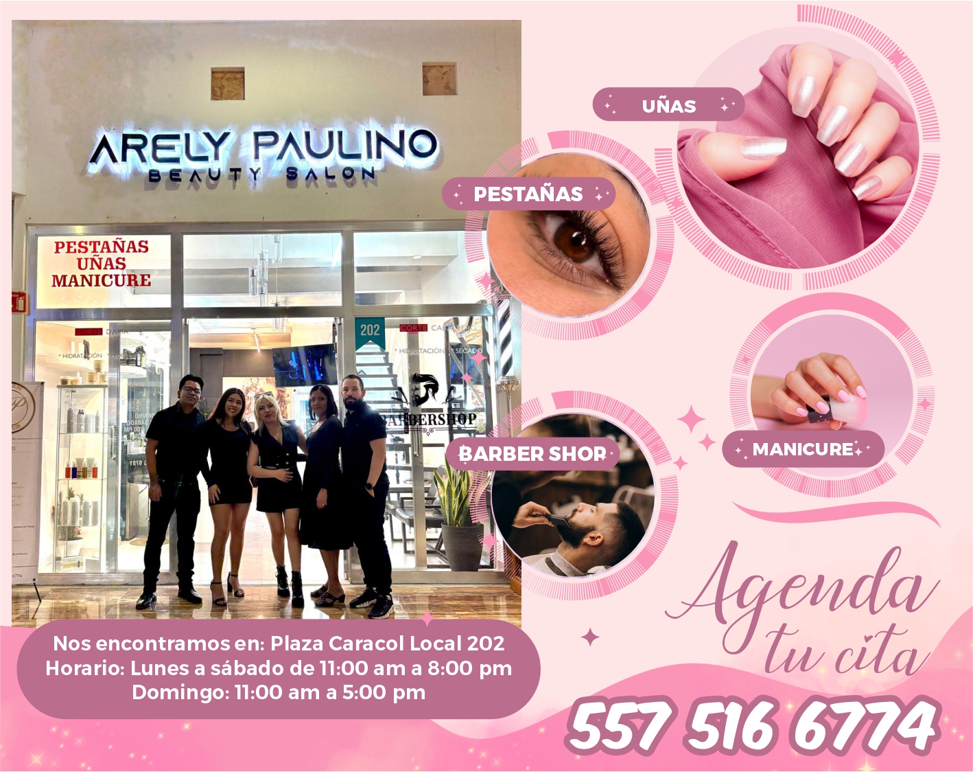 anuncio de Paulinopestanasunasmanicure202pestanasbarber shop*manicure; ?nos encontramos en: plaza caracol local 202horario: lunes a sabado de 11:00 am a 8:00 pmdomingo: 11:00 am a 5:00 pm55736'67"!