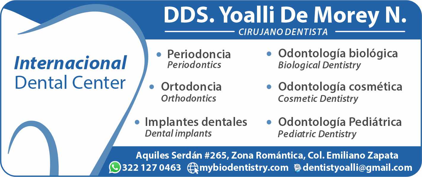 anuncio de Dds. yoalli de morey n.cirujano dentistainternacionaldental centere periodonciaperiodonticsortodonciaorthodontics? implantes dentalesdental implantsodontologia biologicabiological dentistryodontologia cosmeticacosmetic dentistryodontologia pediatricapediatric dentistryaquiles serdan #265, zona romantica, col. emiliano zapata9322127 0463 @mybiodentistry.com pdentistyoalli@gmail.comu