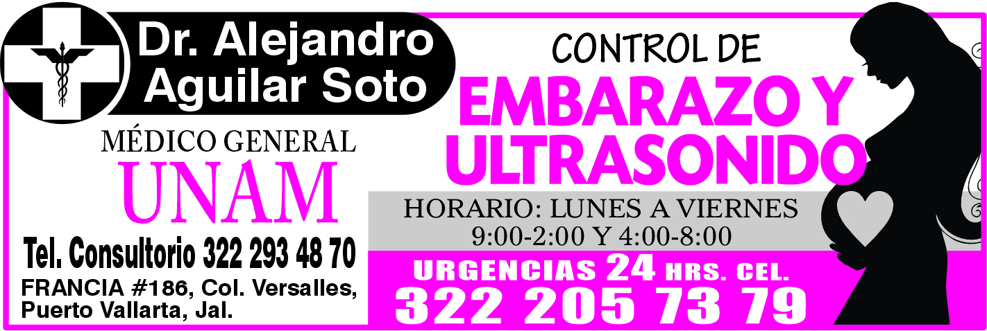 anuncio de Dr. alejandrocontrol deaguilar sotoembarazo ymedico generalultrasonidounamhorario: lunes a viernestel. consultorio 322 293 48 70urgencias 24 hrs- cel.francia #186, col. versalles,322 205 73 79puerto vallarta, jal.