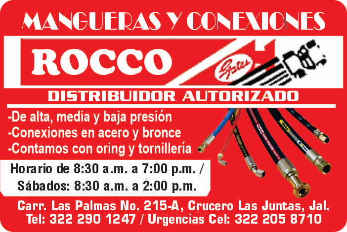 anuncio de Mancuoas yroccodistribuidor autorizado-de alta, media y baja presion-conexiones en acero y bronce-contamos con oring y tornilleriahorario de 8:30 a.m. a 7:00 p.m.sabados: 8:30 a.m. a 2:00 p.m.carr. las palmas no. 2154, crucero las juntas, jal.tel: 322 290 1247 / urgencias cel: 322 205 8710