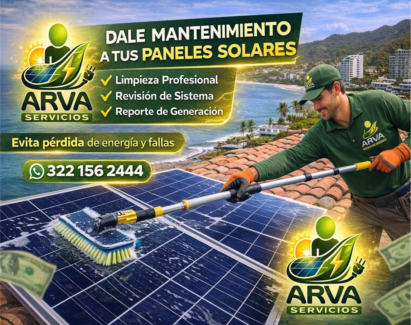 anuncio de Dale mantenimientoa paneles solareslimpieza profesionalrevision de sistemareporte de generacionserviciosevita perdida de energia y fallas 'y@3221562444servicios