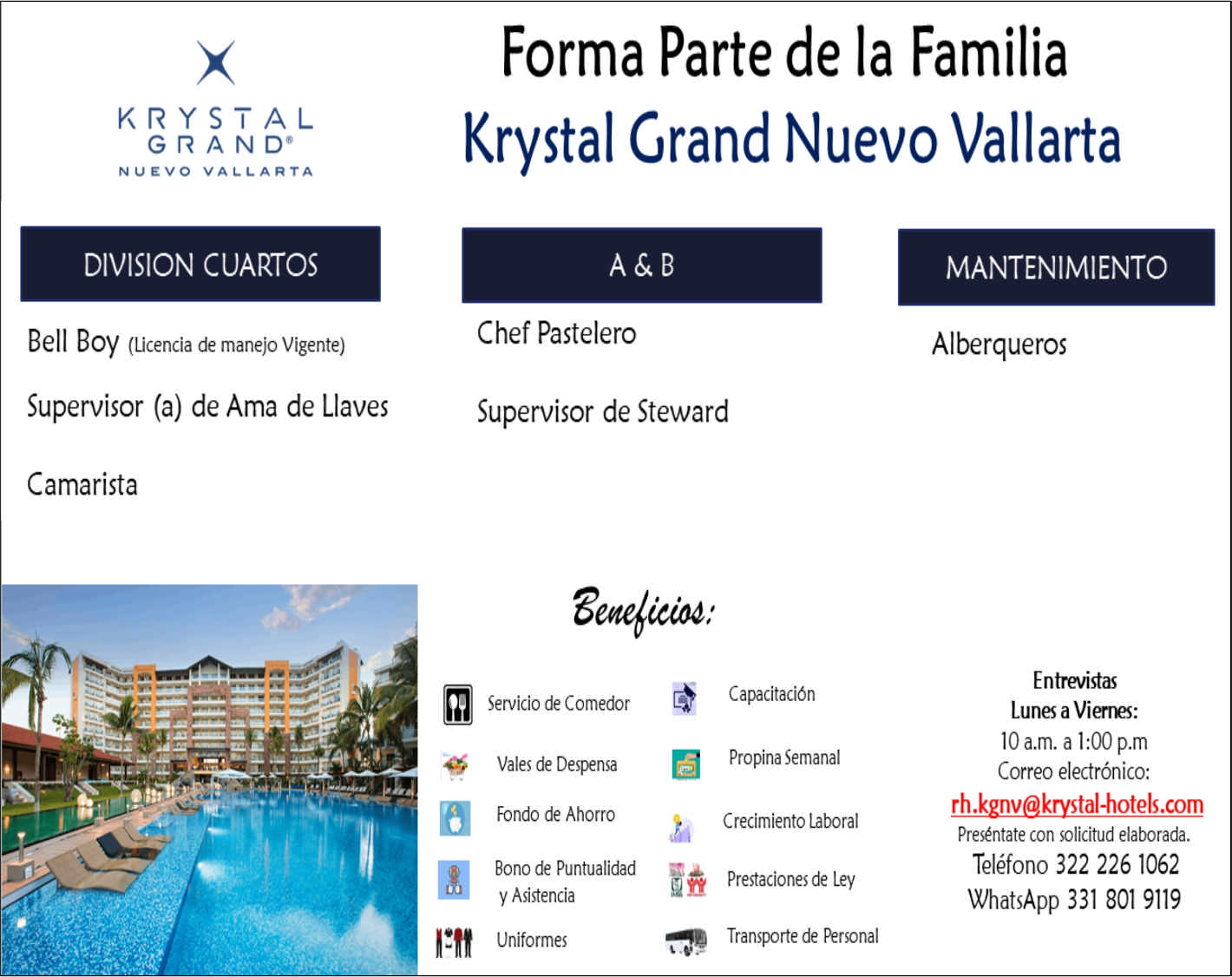 anuncio de Krystalgrand'nuevo vallartadivision cuartosbell boy (licencia de manejo vigente)supervisor (a) de ama de llavescamaristaforma parte de la familiakrystal grand nuevo vallartachef pastelerosupervisor de stewardservicio de comedorvales de despensafondo de ahorrobono de puntualidady asistenciauniformescapacitacionpropina semanalcrecimiento laboralprestaciones de leytransporte de personalmantenimientoalberquerosentrevistaslunes a vierrps:10 a.m. a 1:00 p.mcorreo electronico:rh.kgnv@krystal-hotels.compresentate con solicitud elaborada.telefono 322 226 1062whatsapp 331 801 9119