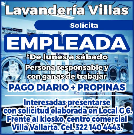 anuncio de Lavanderia villassolicitaempleadalunes a sabadopersona resp6nsableycon ganas detrabajar'paco diario + propinas'interesadaspresentarsecon solieitudolasorada.en local cf.frent?al kioskoeentfo cbmercial