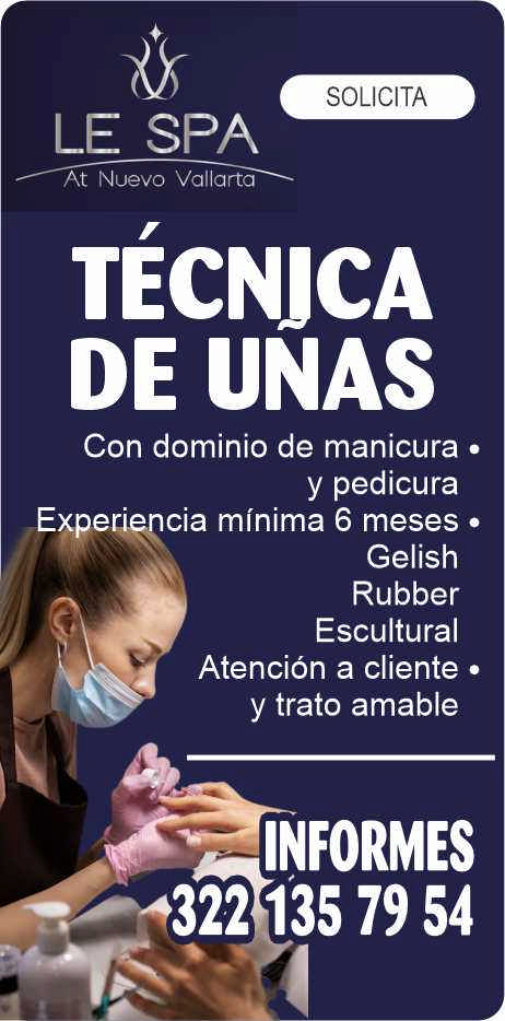 anuncio de Solicitale spaat nuevo vallartatecnjcade unascon dominio de manicura ?y pedicuraerpecia minima 6 meses ?gelishrubberesculturalatencion a cliente ?y trato amableinformes?4322135 79 54