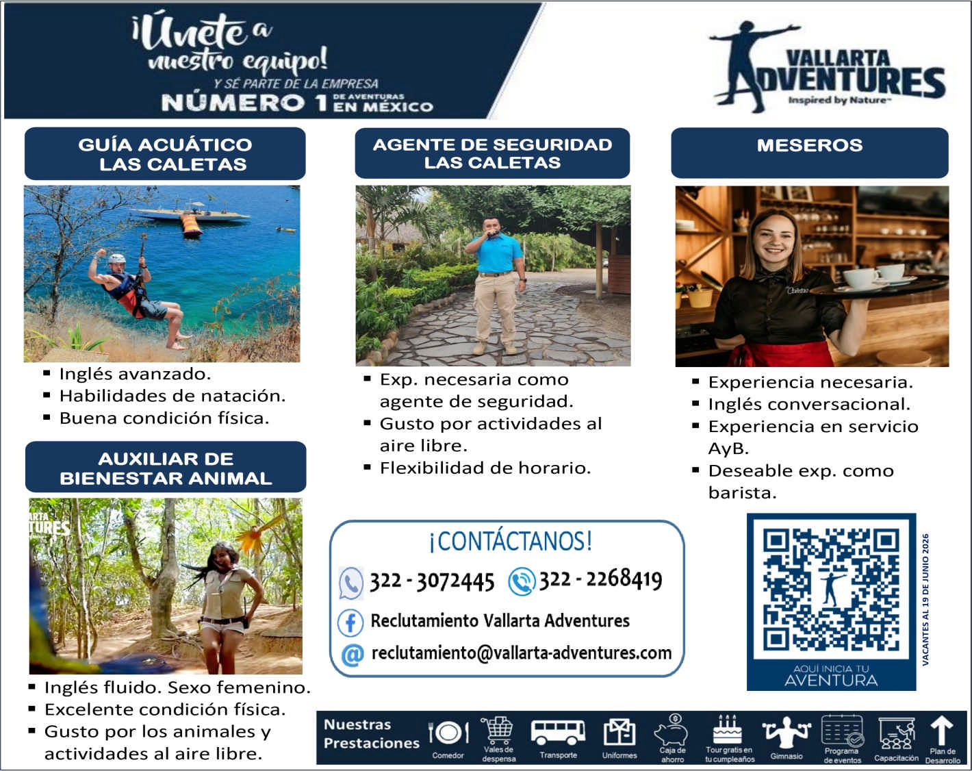 anuncio de Vaae5teo equipo!y se parte de la empresanumero 1guia acuaticolas caletas? ingles avanzado.? habilidades de natacion.buena condicion fisica.auxiliar debienestar animal? ingles fluido. sexo femenino.? excelente condicion fisica.? gusto por los animales yactividades al aire libre.agente de seguridadlas caletasexp. necesaria comoagente de seguridad.gusto por actividades alaire libre.flexibilidad de horario.icontactanos!322 - 2268419322 - 3072445reclutamiento vallarta adventuresreclutamiento@vallarta-adventures.comnuestrasprestacionesvallartaoventuresmeserosexperiencia necesaria.ingles conversacional.experiencia en serviciodeseable exp. comobarista.iniciatranspateahorrotour gratis entu currvleanose ventosplan dedesarrolle